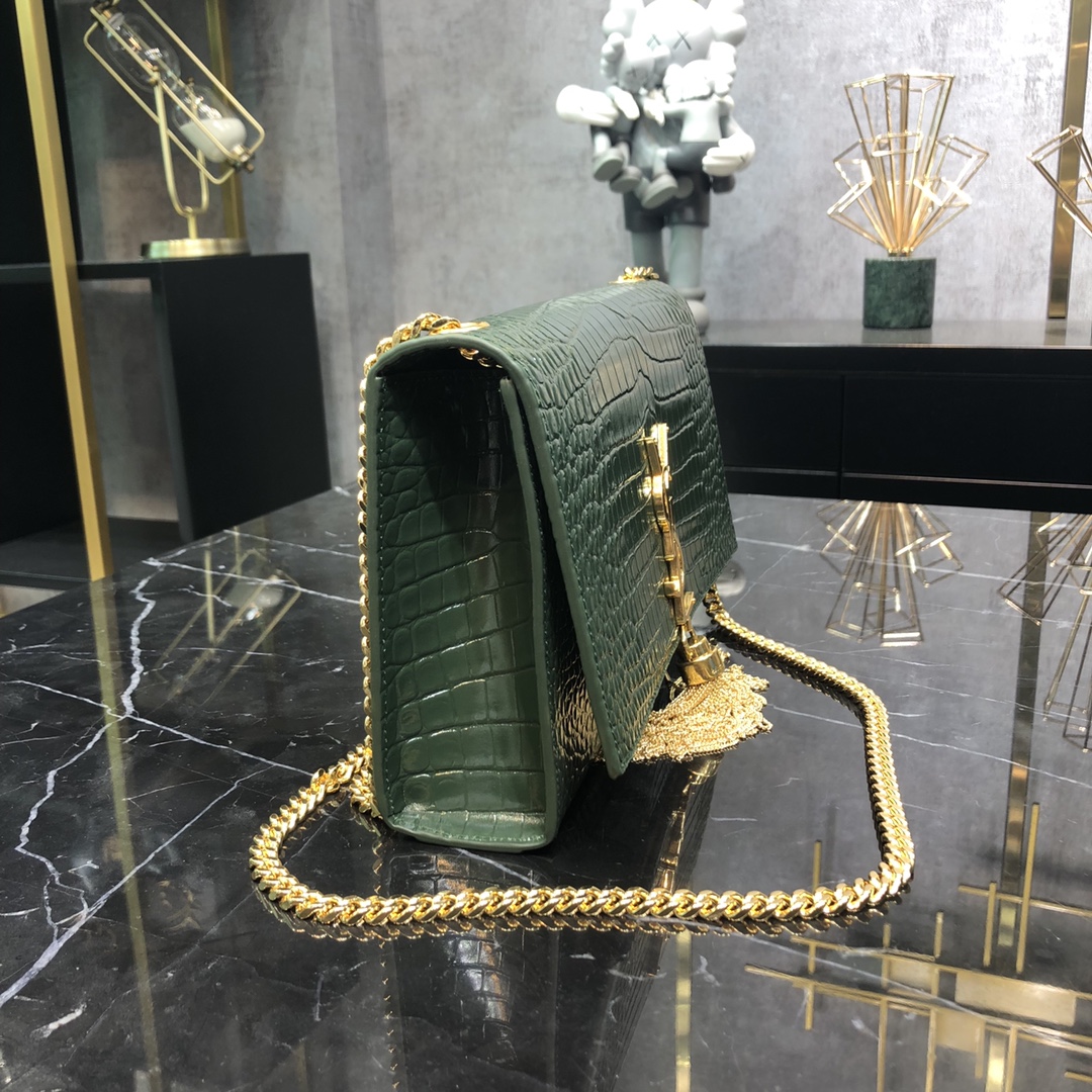 Saint Laurent Kate Tassel Medium Crocodile Embossed Calfskin Shoulder Bag Army Green 354119 Gold